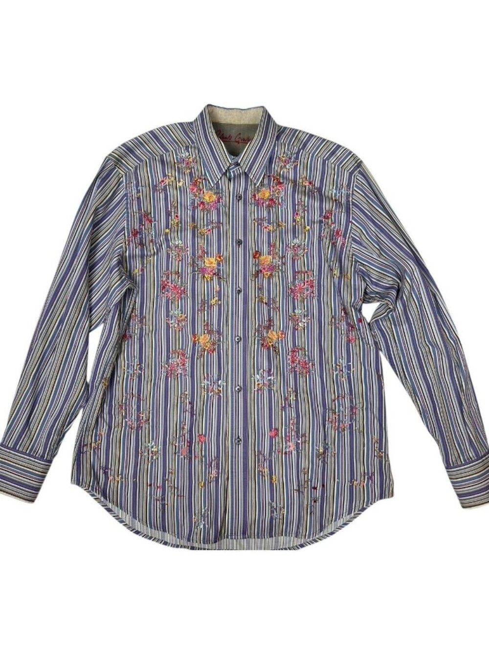Robert Graham Shirt Mens Large Striped Embroidered Button Front Artistic